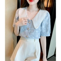 상의 여름 루즈핏 퍼프소매 인형 칼라 블라우스 여성 빈티지 블루 슬림핏 상의