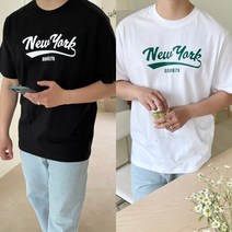여남공용 멜란지 안비치는흰티 뉴욕 녹색 초록색 프린팅 커플 반팔 목안늘어나는티