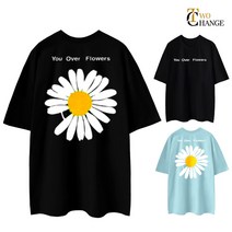 투체인지 5부 오버핏 플라워 꽃 남녀공용 빅사이즈 반팔 티셔츠