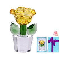 ROZKVIKA 크리스탈 로즈 피규어 장식품 유리 꽃 8.9cm(3.54인치) 수집용 페이퍼 웨이트 문진, Yellow