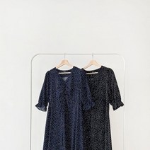 다잇템 여자 V넥 나들이룩 땡땡이 후레아 SS 벌룬 롱원피스