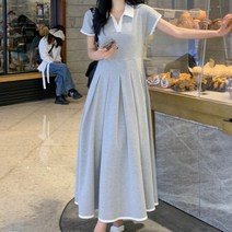 에브리바레 [원피스] L-4XL 윈들리 배색 카라넥 핀턱 데일리 여성 빅사이즈 A라인 롱원피스
