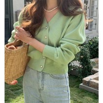 나인포시즌 멜린 초록색 소라색 하늘색 인디핑크 퍼프 소매 진주 단추 봄 간절기 가디건