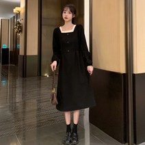 DFMEI 봄가을 빈티지 코듀로이 긴팔 원피스 여가을겨울 날씬해 보이는 스퀘어넥 롱스커트