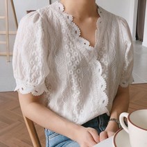 여자 블라우스 러블리 셔츠 소매 퍼프 벌룬 데이트룩 자수 펀칭 반팔블라우스