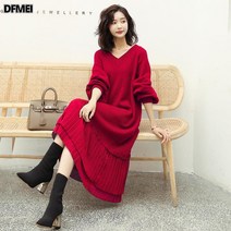 DFMEI 가을 겨울 두꺼운 양기 빅사이즈 패치 니트 원피스 여 통통mm 루즈핏 배 커버 무릎 위 롱스커트
