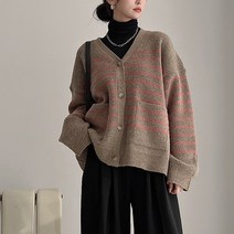 뜨개진 여성용 오버핏 도톰 스트라이프 포켓 니트 롤란드 가디건