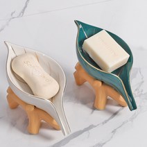 비누받침대 세라믹 비누 받침 물빠짐 비누트레이 북극곰 칫솔걸이 실리콘 칫솔홀더, 나뭇잎_그린