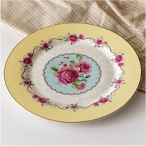 블룸 골드림 도자기접시 2size 케이크접시 디저트트레이 앤틱 꽃, 옐로 - 지름 20cm