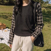 로로텐 체크 배색 라운드 티셔츠 소매프릴 여성 빅사이즈