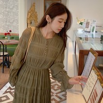 봄 브이자넥 니트 긴 소매 로맨틱 롱 원피스