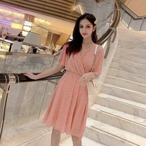 위코브 별무늬 브이넥 반팔 샤랄라 원피스