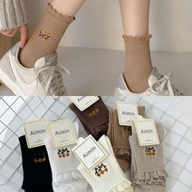 워더미 6개1세트 ﻿트리플 플라워 자수 코튼 골지 중목 양말 W472