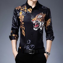 Makone 남자셔츠 봄가을 남성 긴팔 셔츠 중년청년 호랑이헤드 프린팅 티셔츠남자 꽃무늬 얇은
