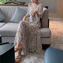 라엔 여성 가을 플라워 쉬폰 롱원피스