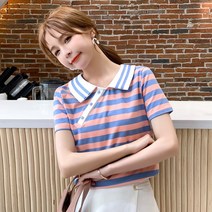 단가라반팔티셔츠 순면 코튼 무지개 색상 여성 여름옷 보이핏 볼륨 디자인 카라넥 상의 2356823429