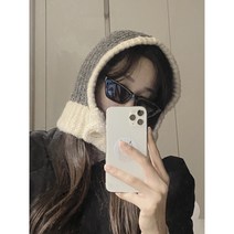 (당일발송)원투올 니트 단추 바라클라바 겨울 커플 모자 아이템 와이드핏 후드 넥워머 투톤, 블루그레이