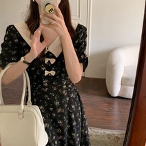 데일리룩 귀마 원색 소녀 복고풍 우아 하이웨이스트 브이넥 리본 A라인 원피스