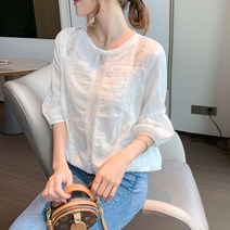 아사면 거즈 칠부 퍼프 흰색 아일렛 셔츠 블라우스 YJ