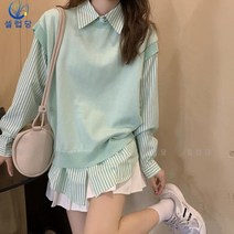 셀럽당 여 투피스 봄가을 루즈핏 스트라이프 긴팔셔츠+니트 니트 베스트
