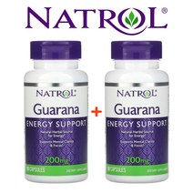 (1+1) 나트롤 과라나 추출물 200mg 구아라나 에너지 서포트 NATROL Guarana 90캡슐 2팩
