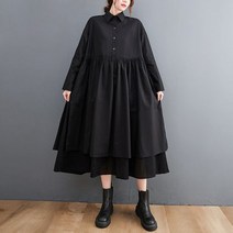 여성 빅사이즈 마담패션 셔츠 카라 봄가을 원피스 루즈핏 더블 페이크 투피스 롱스커트