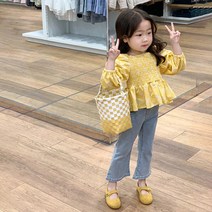 뽀뽀뽀 아동복 유아 여아 개나리꽃 상하세트 키즈 아동 어린이 블라우스 청바지 상하복