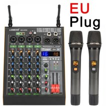 LOMEHO 믹싱 콘솔 4 채널 사운드 믹서 2 무선 마이크 48V 팬텀 전원 16 DSP, 없음, 스페인 +EU PLUG