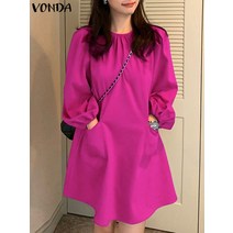 VONDA 긴 퍼프 소매 여성 캐주얼 미니 원피스