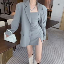 vsyoy 2023 봄 새로운 기질 고급 정장 여성용 가방 힙합 스트랩 드레스 정장 재킷 프라이드 스트리트 2 피스 세트