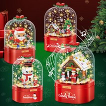 햄볶는스토어 눈 내리는 크리스마스 눈사람 산타 조명 음악 작동되는 블록박스 오르골 장난감, 눈 내리는 크리스마스 트리 블록박스