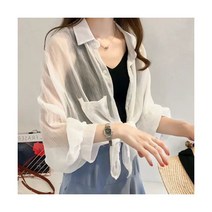 봄 여름 가을 휴양지 데이트룩 하객룩 기본 블라우스 브라우스 흰색 흰 화이트 셔츠 여성 쉬폰 선 스크린 의류 숙녀 탑 스트라이프 아웃 루스 얇은 코트 칙