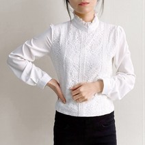와이제이 레이스 스탠딩 카라 화이트 긴팔블라우스 YJK228
