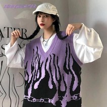 여성 니트조끼 크롭 베스트 루즈핏 여름용 가을용 오버핏 스웨터 조끼 여성 가을 ​​히트 컬러 불꽃 니트 민소매 커플 스웨터 양복 조끼 풀오버