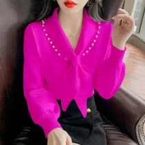 블라우스 여성 셔츠 봄여름 여성의 한국 풀오버 활 목 솔리드 블라우스 긴 소매 V 사무실 숙녀 전문