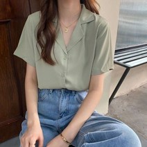 쉬폰 블라우스 우아한 라이트 그린 여성용 상의 반팔 셔츠 여름용 오블라우스