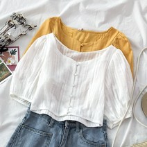 나루니(NARUNI) 여성숏블라우스 숏블라우스 짧은블라우스 크롭블라우스 크롭티 예쁜크롭티 예쁜배꼽티 여성스러운 귀여운 여름 얇은