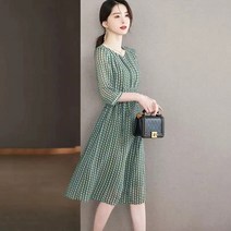 원피스 그린 플라워 쉬폰 원피스 여름 여성 하프 기장 슬림핏 원피스