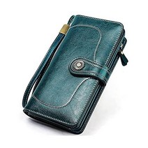 동전 지갑 여성 RFID 차단 가죽 탈부착 가능한 손목 스트랩 포함 빈티지 오일 왁스 롱 휴대전화