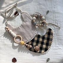 [어썸데일리] 빈티지 유아 양면 턱받이, 베이지 체크