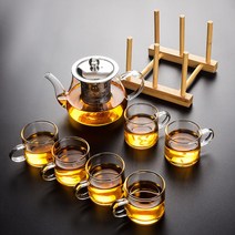 전통 자사호 다도세트 휴대용 티팟 도자기 다기 세트 여행용 캠핑용, 투명 파준주전자 6개 손잡이잔+사다리형 컵홀더