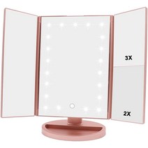 WEILY LED 화장 거울 탁상 거울 삼면경 접이식 2배&3배 확대 여배우 미러 180도 회전 라이트 거울, 02 로즈 골드