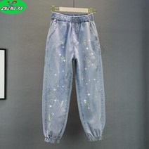 SHENGBO여성 밴딩 워싱 데님 스판 큐빅 배기팬츠 빅사이즈 청바지 조거 데님팬츠+NO.004LH908