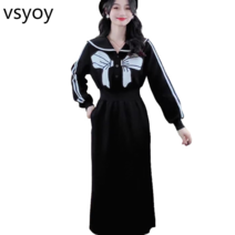 vsyoy 레트로 활 네이비 칼라 드레스 여성의 2023 년 봄과 가을 새로운 디자인 허리 슬림 기질 드레스
