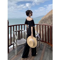 나시 점프수트 여름 바지 해변 휴가 스타일 원 숄더 와이드 레그 팬츠 좁은 허리 블랙 튜브 탑 점프 슈트 여행 의류 슈퍼 요정