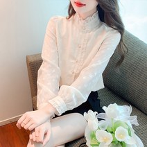 카라 스탠드 셔츠 스타일 오간자 긴팔 여성가을블라우스