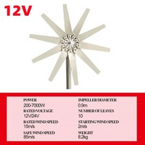 풍력발전기 onevan 10 blades 7000w 1224v mppt 컨트롤러 가정용 소형 저소음 고효율, 12v