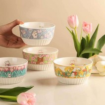 레트로 파스텔 꽃 무늬 토끼 밥 공기 그릇 세트 자취, 곰 줄무늬 (4종 세트)