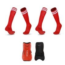 wrikri 아동용 논슬립 스트라이프 축구 양말 2세트+ 정강이 보호 WBCSS2, 레드