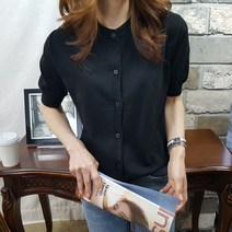 상상그이상 여성용 국내제작 린넨 바닐라 라운드넥 반팔 가디건
